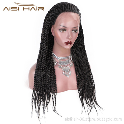 Aisi Hair Twists Long Braiding Lace Front Wigs Natural Black High Temperature Lace Front Synthetic Braided Wigs for Women